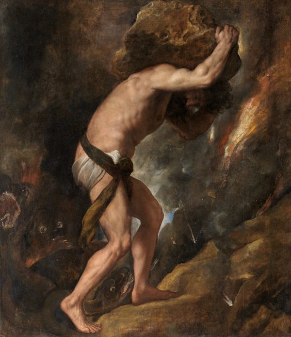 Painting: Sisyphus by Titian (1548–49) — a powerful figure strains under an immense boulder against a dark, fiery sky